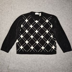 Alfred Dunner Womens Black/White Argyle Pullover Sweater Librarian Granny Sz XL